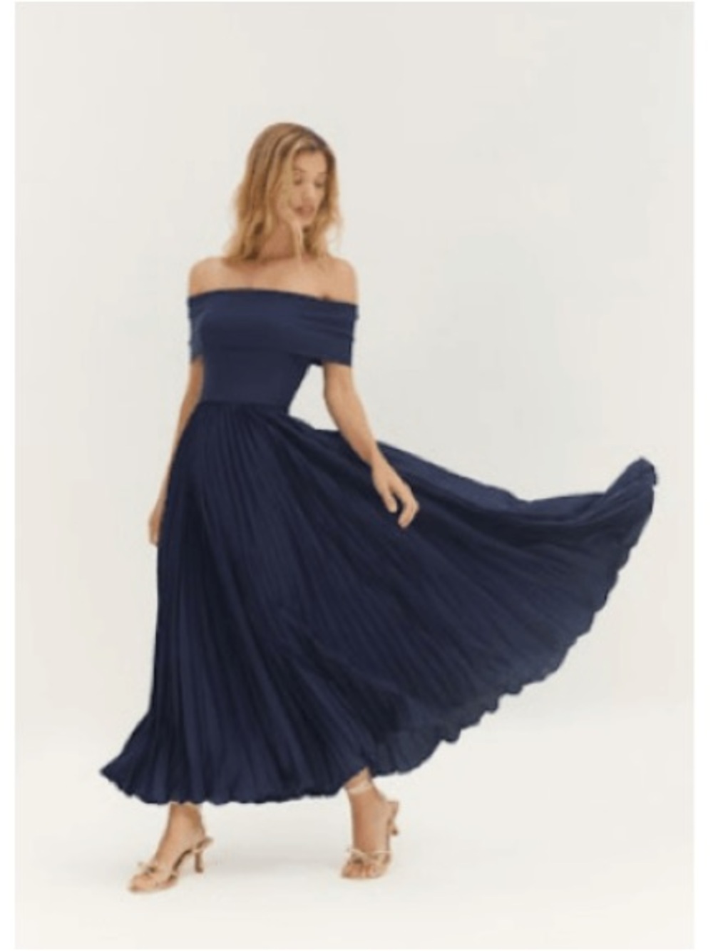 Hutch Off-Shoulder Pleated Midi Dress in Navy - Picture 2 of 6